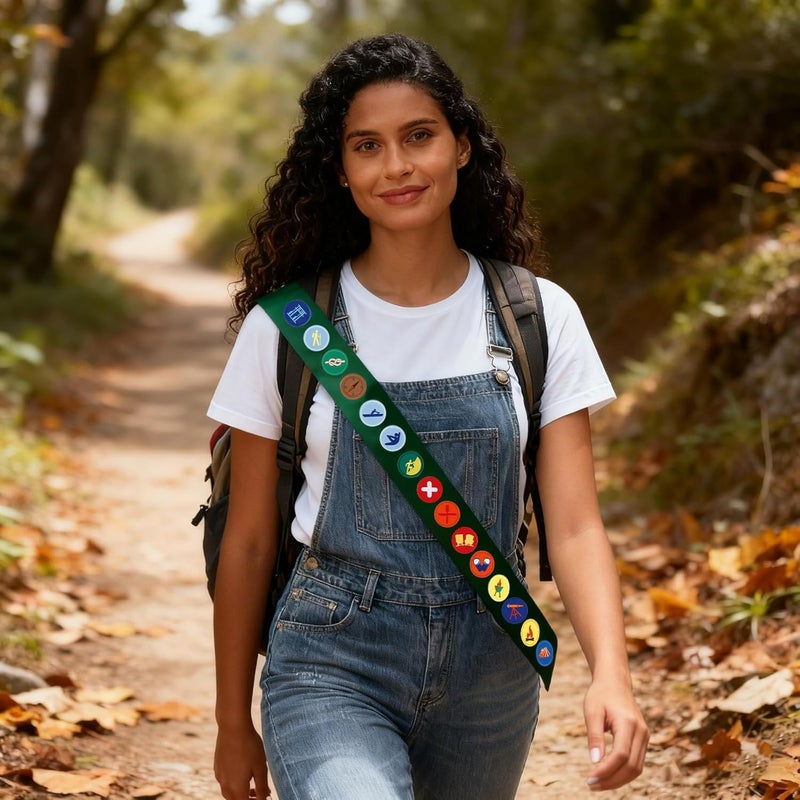 Hisxierng 18PCS Halloween Girl Scout Costume Set with Green Beret Hats for Women Scarf for Women Satin Sash Embroidered Scout Patch Badge for DIY Explorer Costume Party Dress Up Wildness Outdoor Exploring - Image 3